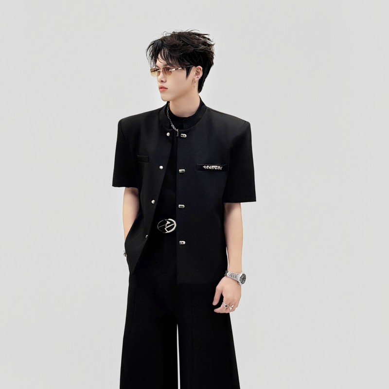 Xu Shangfeng/Summer New Chinese Style Stand Collar Short Blazer for Men with High-End Metal Buttons and Padded Shoulders Short Sleeve Suit Xu Shangfeng/Summer New Chinese Style Stand Collar Short Blazer for Men with High-End Metal Buttons and Padded Shoulders Short Sleeve Suit
