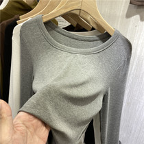 Low round neck exposed collarbone solid color wild thread T-shirt womens 2021 spring and autumn new thin inner tie base shirt top
