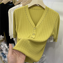 Eurostock V collar thin piece of ice silk knit undershirt woman 2022 spring summer dress new body display slim short sleeve T-shirt blouses