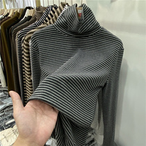 High collar striped thickened long-sleeved T-shirt womens 2020 autumn and winter new Korean version loose inner tie base shirt Western style top