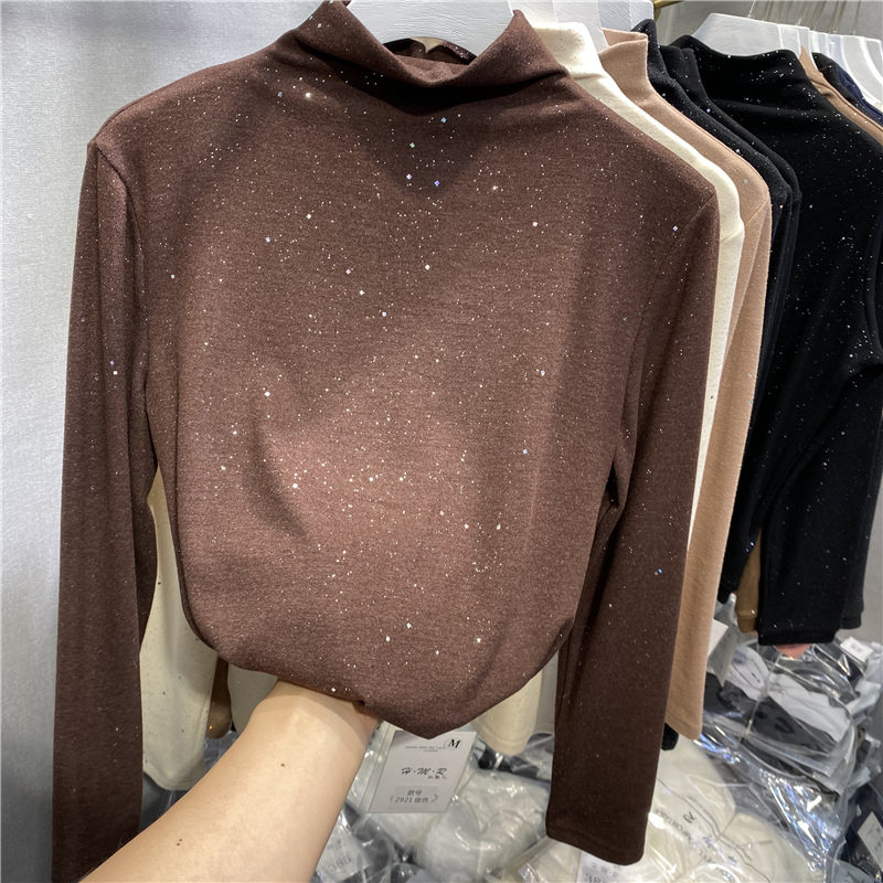 European semi-high collar base shirt female 2020 autumn and winter New velvet polished long sleeve T-shirt with bright silk coat tide