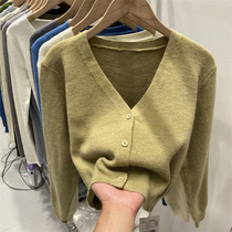 2021 Early autumn clothes new short section High waist long sleeves knit cardiovert jacket woman blouse foreign air V collar soft glutinous sweater
