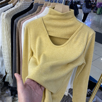 Semi-high neck openwork open brooch sweater womens 2021 spring and autumn new inner tie carefully machine base shirt foreign style top tide