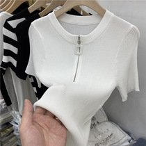Europroduct Design Sensation Zipped Ice Silk Knit Short Sleeve T-shirt Woman 2022 Summer dress New crater skin-tight blouse