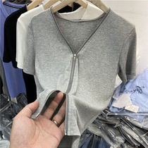European design sense double zipper thread short sleeve T-shirt female 2021 summer wear new tight Joker shirt tide