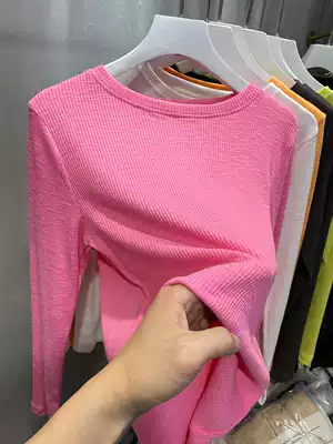 European round neck slub cotton long-sleeved T-shirt women's 2021 spring new all-match bright color inner tie bottoming shirt top