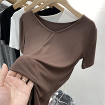 Eurostock pure color 100 lap V lead screw thread short sleeve T-shirt woman 2022 summer fit new kind of pocket for the bottom of the bottom