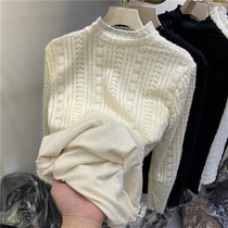 Velvet thickened stitching sweet hook flower lace shirt womens 2020 autumn and winter new inner tie base shirt Western-style top