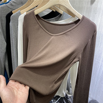 V-neck threaded long-sleeved T-shirt womens 2021 spring new solid color wild fit elastic inner tie base shirt thin top