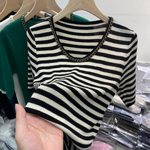 Eurostock chain round collar thin section Soft glutinous mid sleeves Knitted Shirts Women 2021 Early autumn New Yangqi Undershirt Blouses