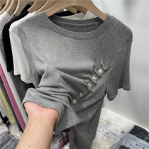 Europroduct Design Sensation Niche Open Fork Button Thread Short Sleeve T-shirt Woman 2022 Summer dress New Yangqi Little Shirt blouse