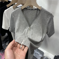 European products webbing thread short sleeve T-shirt female 2021 summer new design sense double zipper small cardigan top ins tide