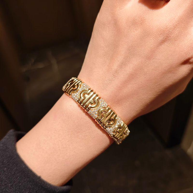 Miyanbaojia Wide Bracelet, Palace Style, Italian Medieval Style, Diamond-Encrusted, 925 Silver, Gold-Plated, Fashionable, Light Luxury, High-End Bracelet