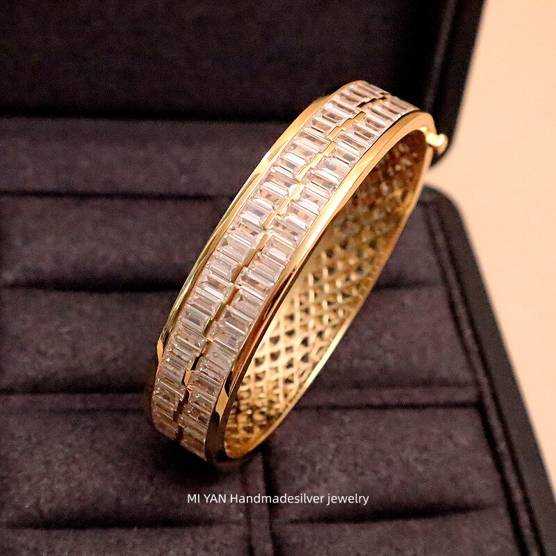 Exaggerated Wide Square Diamond Sugar Bracelet for Women, 925 Silver Gold-Plated Light Luxury Gold Bracelet Exaggerated Wide Square Diamond Sugar Bracelet for Women, 925 Silver Gold-Plated Light Luxury Gold Bracelet