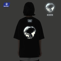 SANYE Reflective Earth Print T-shirt Europe and America High Street Trend Loose Short Sleeve Mens and Womens Street Couple Shine Summer