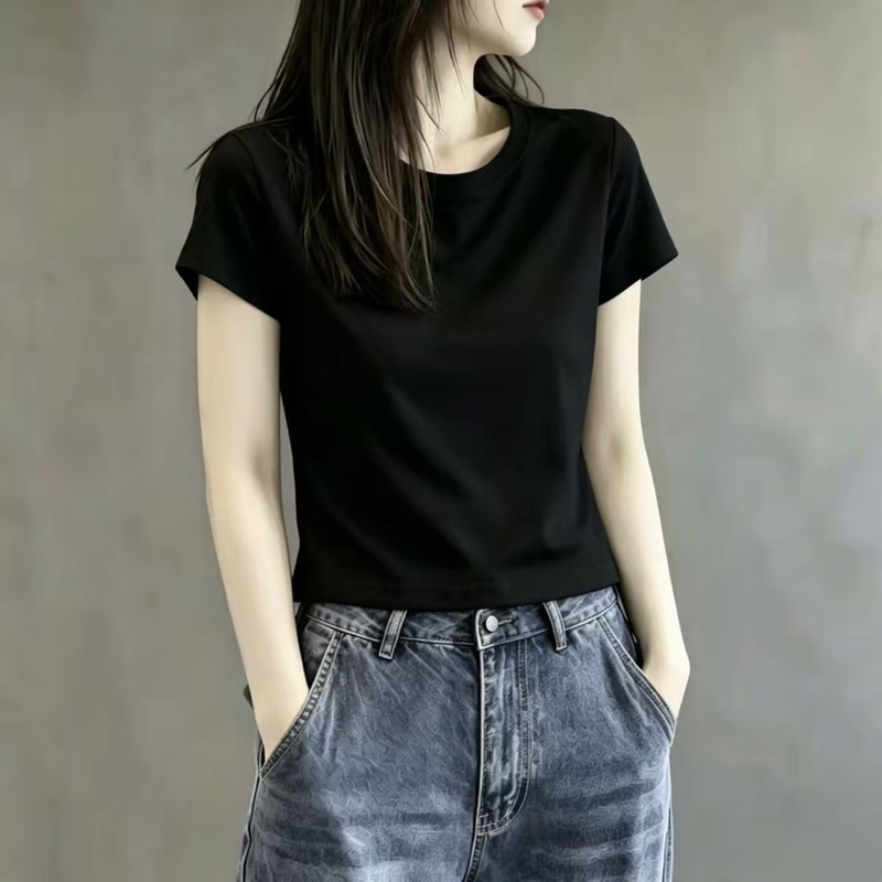 Korean-Style Black Short-Sleeve T-Shirt for Women, 2026 Summer New Model, Petite Round-Neck Basic Casual Versatile Top