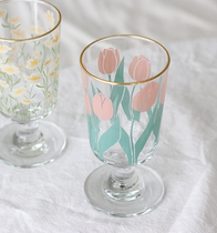 Korean niche ins retro little Daisy tulip glass water Cup goblet fruit juice cup romantic wind