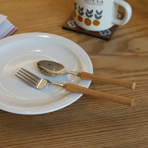 ES) Korean ins style simple Joker log fork spoon solid wood fork spoon dessert spoon