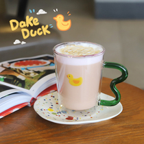 ES) cartoon cute little yellow duck creative glass water Cup colored double glass ins Cup Gift heat-resistant