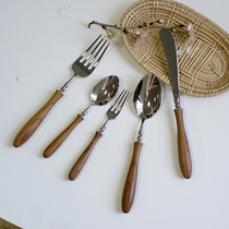 ES) Japanese minimalist huanghuali knife and fork spoon ins retro log handle Western knife and fork set dessert spoon