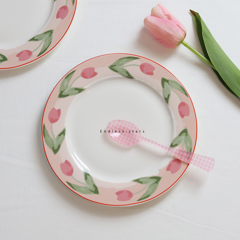 ES) Copyright Korean ins style watercolor hand-painted tulips plate bone porcelain plate 8 inch French home plate