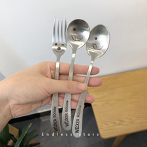 ES) 304 stainless steel children eating spoon cartoon smiley bear knife fork spoon set Western food fork spoon