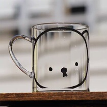  ES) Cute ins simple bear glass water cup Milk cup Breakfast cup Heat-resistant glass with handle can microwave