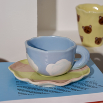  ES) Hand-painted ceramic cup Cloud coffee cup and saucer ins Cute blue sky and white clouds cup and saucer set Afternoon tea