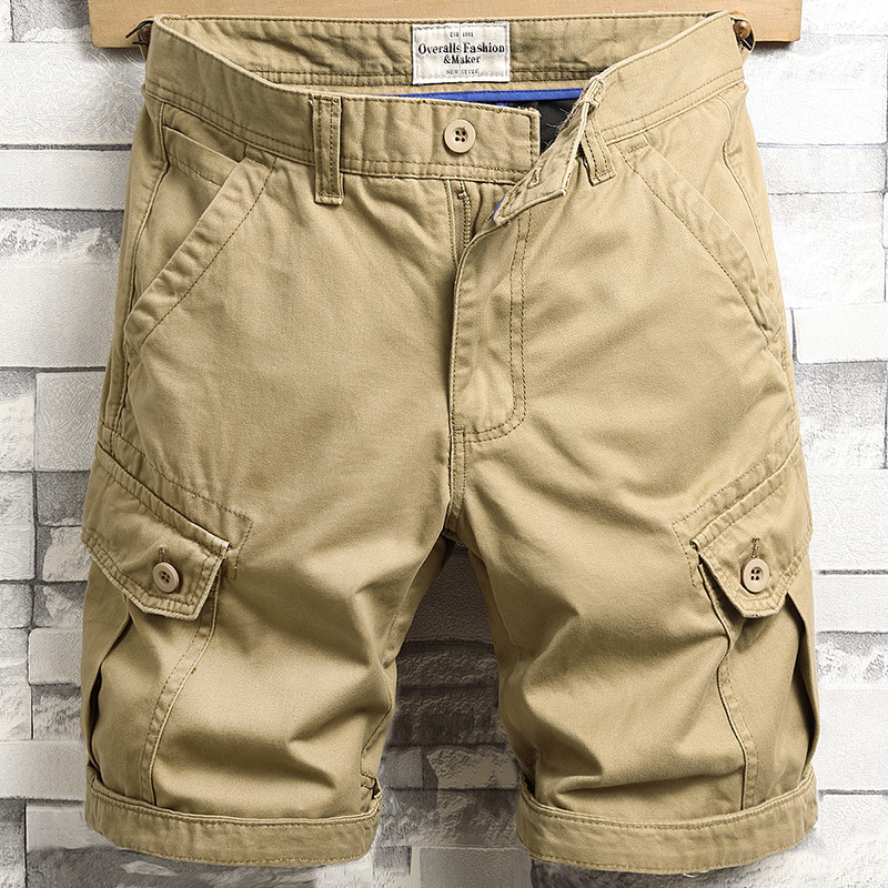 Tear-Resistant and Dirt-Resistant Men's Shorts, Five-Point Length, Workwear Style, Multi-Pocket, Loose Fit, Pure Cotton, Casual Mid-Length Shorts, All-Cotton, Wear-Resistant, Trendy Brand