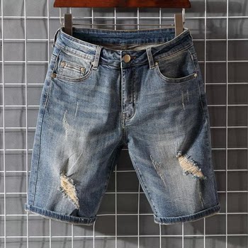 Summer denim shorts men's ripped thin quarter-length pants korean style retro loose straight-leg jodhpurs men's quarter-length pants