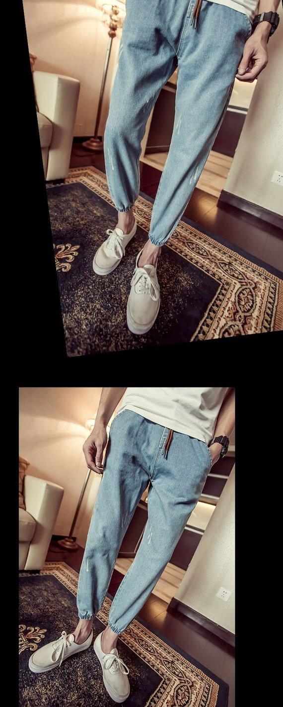 Chàng trai tinh thần xã hội giá rẻ size nhỏ S skinny jeans nam thu đông cộng với nhung dày co rút chân bếp thời trang năm 2021	