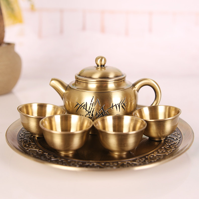 Retro Tea Set Set Teapot Teapot Bamboo Imitation Bronze color Gongfu Tea with family gift box office full set