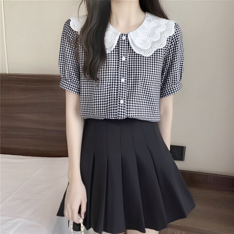 Baby Doll Collar Short-Sleeved Shirt for Women, Thin Summer New Style Lace Plaid Shirt, Loose and Slimming French Top