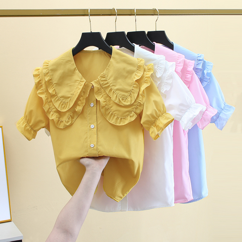 Short-Sleeved Shirt for Women with a Unique Design, New Summer Style, Chic and Distinctive, Loose Double-Layered Doll Collar French Top Short-Sleeved Shirt for Women with a Unique Design, New Summer Style, Chic and Distinctive, Loose Double-Layered Doll Collar French Top