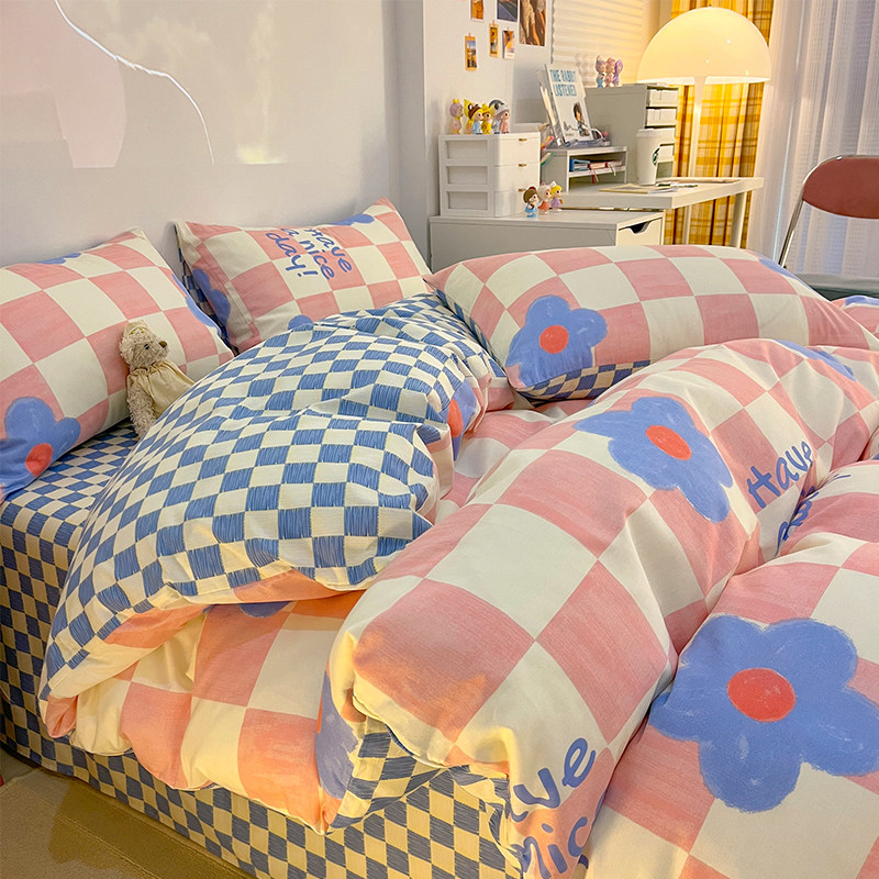 ins Han Department Chessboard Lattice Flowers Pure Cotton Four Pieces Teenage Girl Hearts Full Cotton Student Bed Three Sets Cute Bed Products