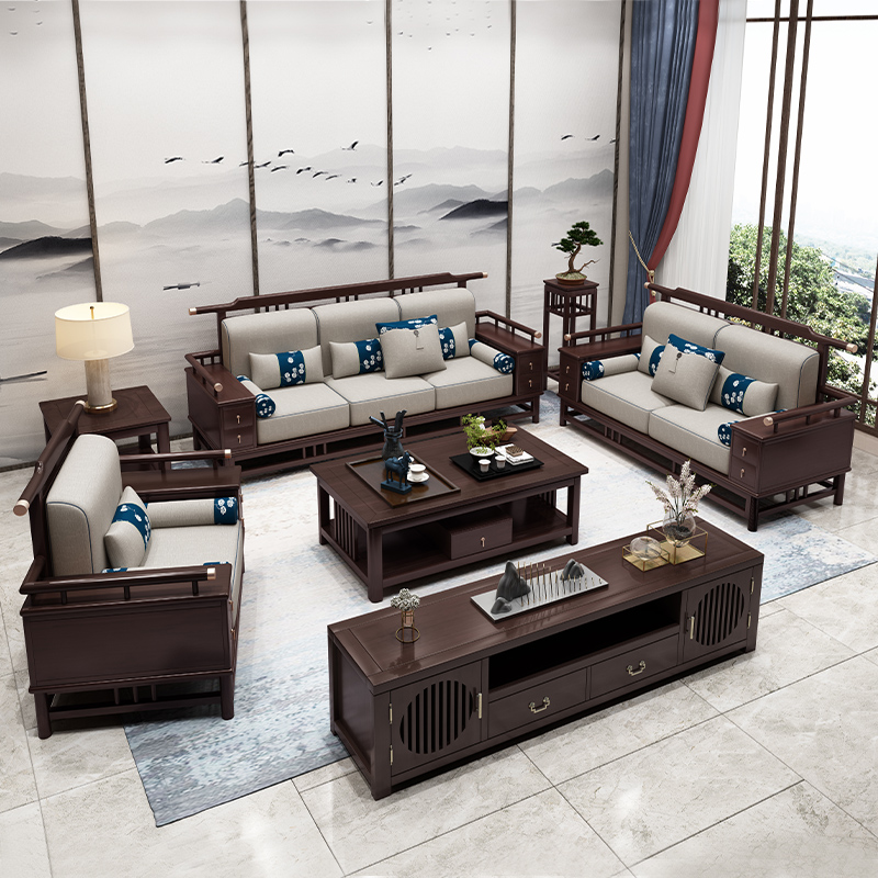 New Chinese-style solid wood sofa modern simple Chinese style Zen living room villa high-end sofa combination