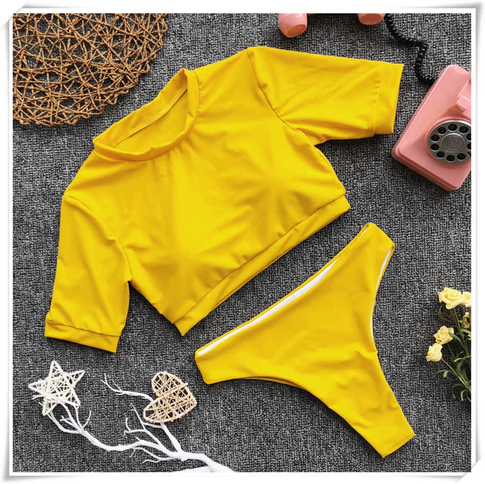 Bùng nổ loạt thể thao bikini Châu Âu và Mỹ mới áo tắm ngắn tay nữ AliExpress cao eo chia áo tắm bikini váy tắm biển đẹp