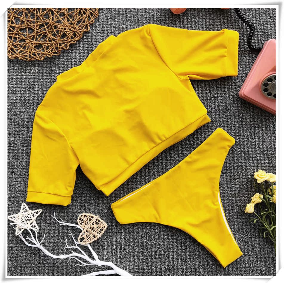 Bùng nổ loạt thể thao bikini Châu Âu và Mỹ mới áo tắm ngắn tay nữ AliExpress cao eo chia áo tắm bikini váy tắm biển đẹp