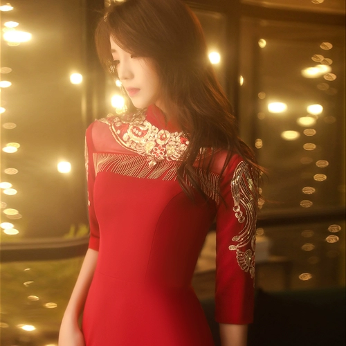 Вечернее платье, бордовое ципао для невесты, свадебное платье, китайский стиль, крой «рыбий хвост», подходит для подростков