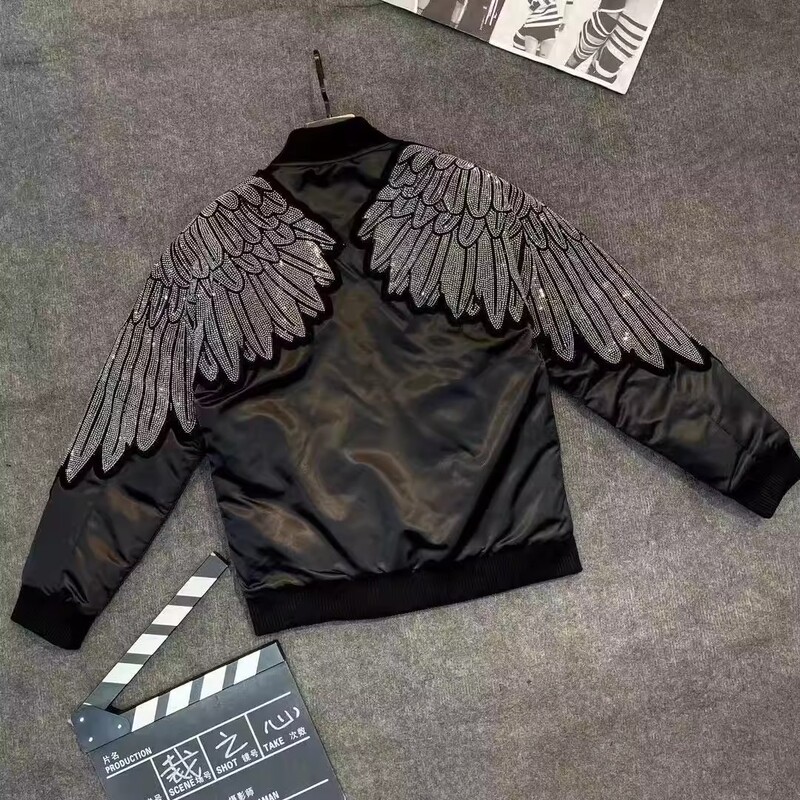 Spring New Men's Baseball Jacket Trendy Brand Rhinestone Wings Stand Collar Slim Fit Fashion Large Size Zipper Jacket