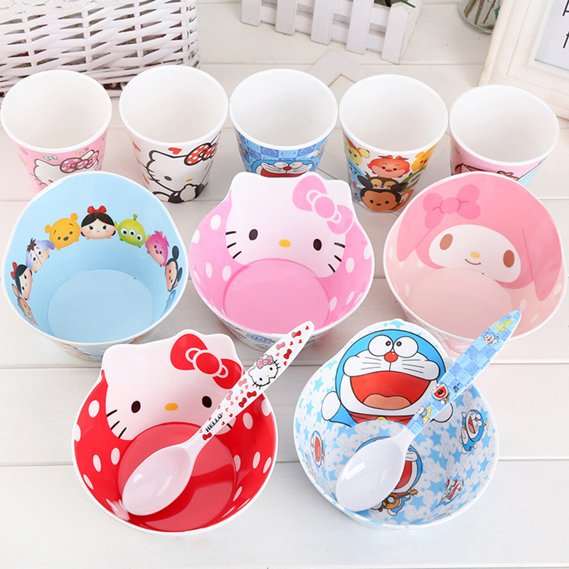Children's Tableware Set Cartoon Cute Student Soup Bowl Cup Spoon Melamine Tableware Anti-Fall Kindergarten Baby Eating Bowl