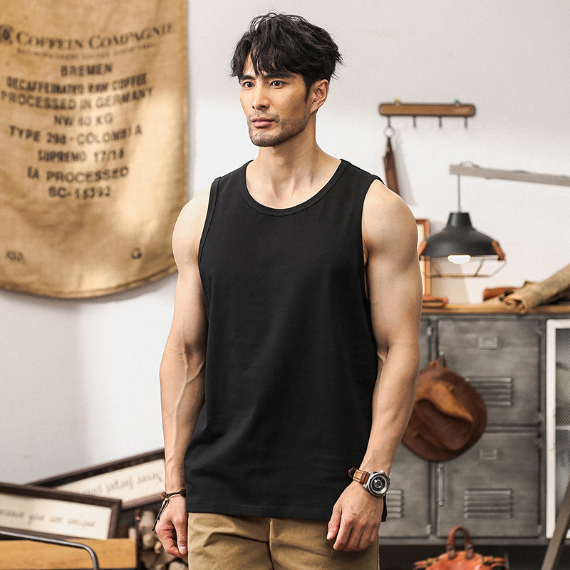 250g Heavyweight Sports Fitness Vest for Men, Summer Pure Cotton American Retro Men's Sleeveless Loose T-Shirt Trendy