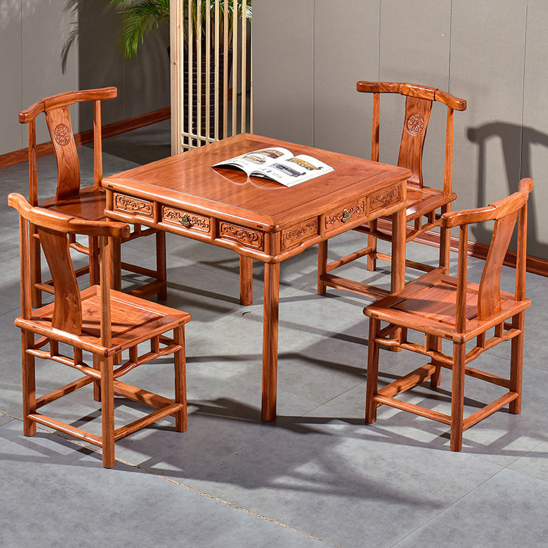 Dragon Tiger Rhyme Zambia Flowers Pear Dining Table And Chairs Combined Octafairy Table New Chinese Solid Wood Home Square Table Dining Table