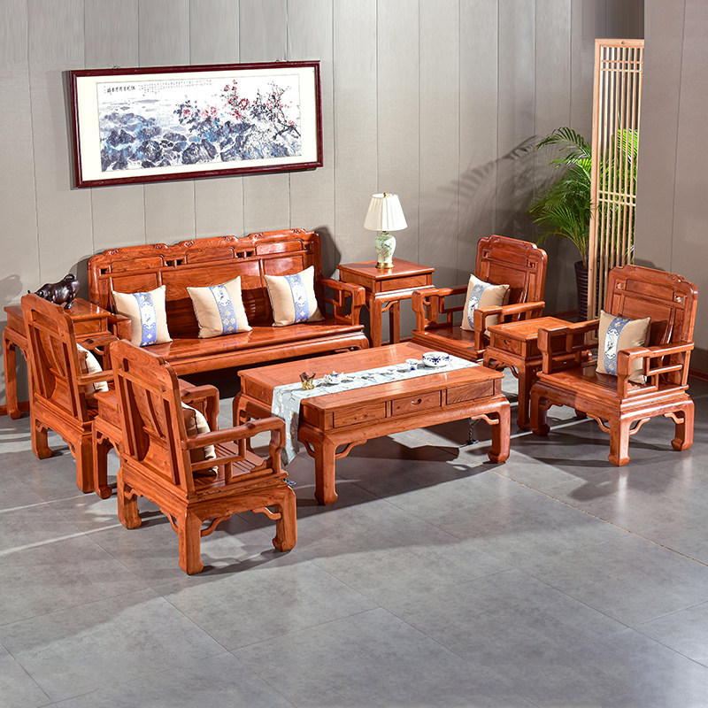 Dragon Tiger Rhyme Zambia Flowers Pear Wood Furniture Furniture with large terrace number of full solid wood sofas combined new Chinese sofa
