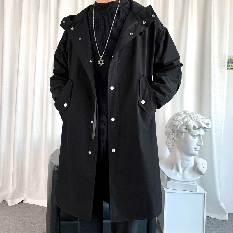 Windbreaker Men's Autumn and Winter Mid-Length Jacket Loose Large Size Casual Over-The-Knee Hooded Coat Thickened Cotton Coat