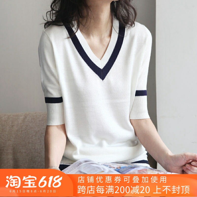 Knitted sweatshirt thin woman 2022 new spring and summer middle sleeve loose sleeve head display slim 100 hitch color ice silk T-shirt blouse