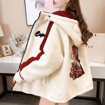 Sherpa velvet embroidered sweater girl autumn and winter Korean style loose hooded plus velvet thick junior high school student jacket