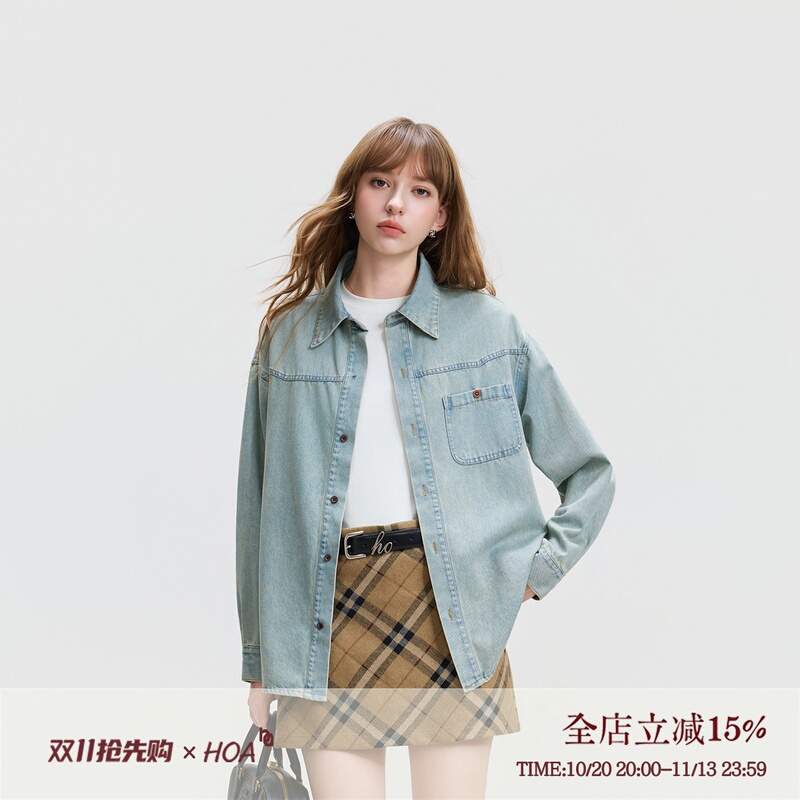 Hoa High-End Washed Vintage Denim Shirt for Women, Long-Sleeved, New Spring and Autumn Style, Loose, Casual, Versatile Shirt Jacket