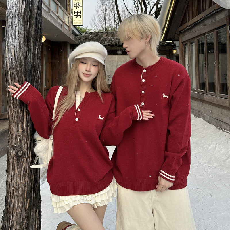 Christmas Couple Outfits Puppy Red Sweater Unisex Autumn and Winter Old Money New Year Henley Collar Thickened Knitwear