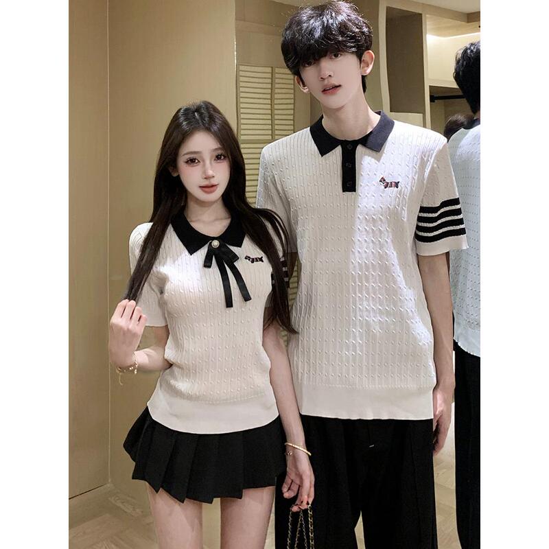 College Style Couple Outfit with Bow Tie, Dachshund Embroidery, Knitted Short-Sleeve T-Shirt, Stylish Slim-Fit Top, Trendy